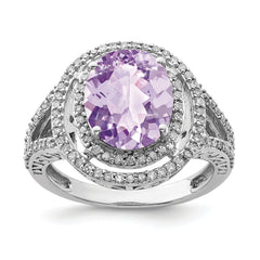 Sterling Silver Rhodium Oval Diam. & Pink Quartz Ring