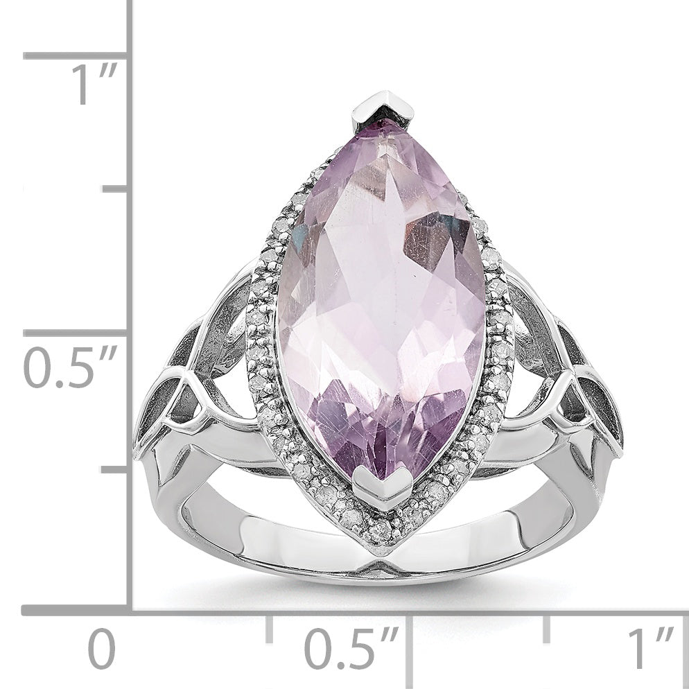Sterling Silver Rhodium Diam. & Pink Quartz Ring