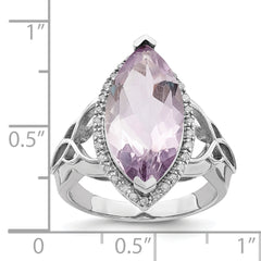 Sterling Silver Rhodium Diam. & Pink Quartz Ring