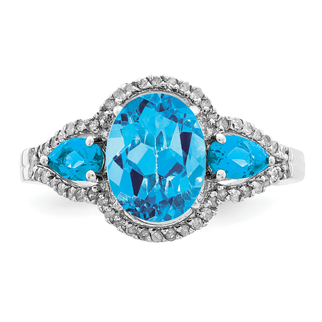 Sterling Silver Rhodium Oval Blue Topaz & Diam. Ring