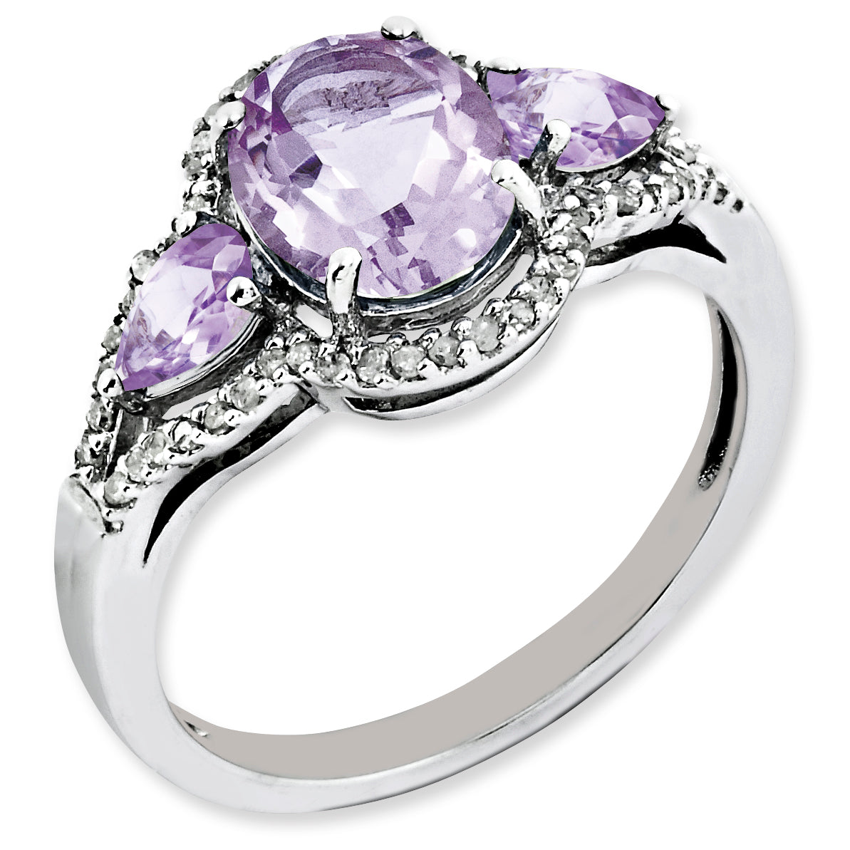 Sterling Silver Rhodium-plated Oval Diamond & Pink Quartz Ring Main image