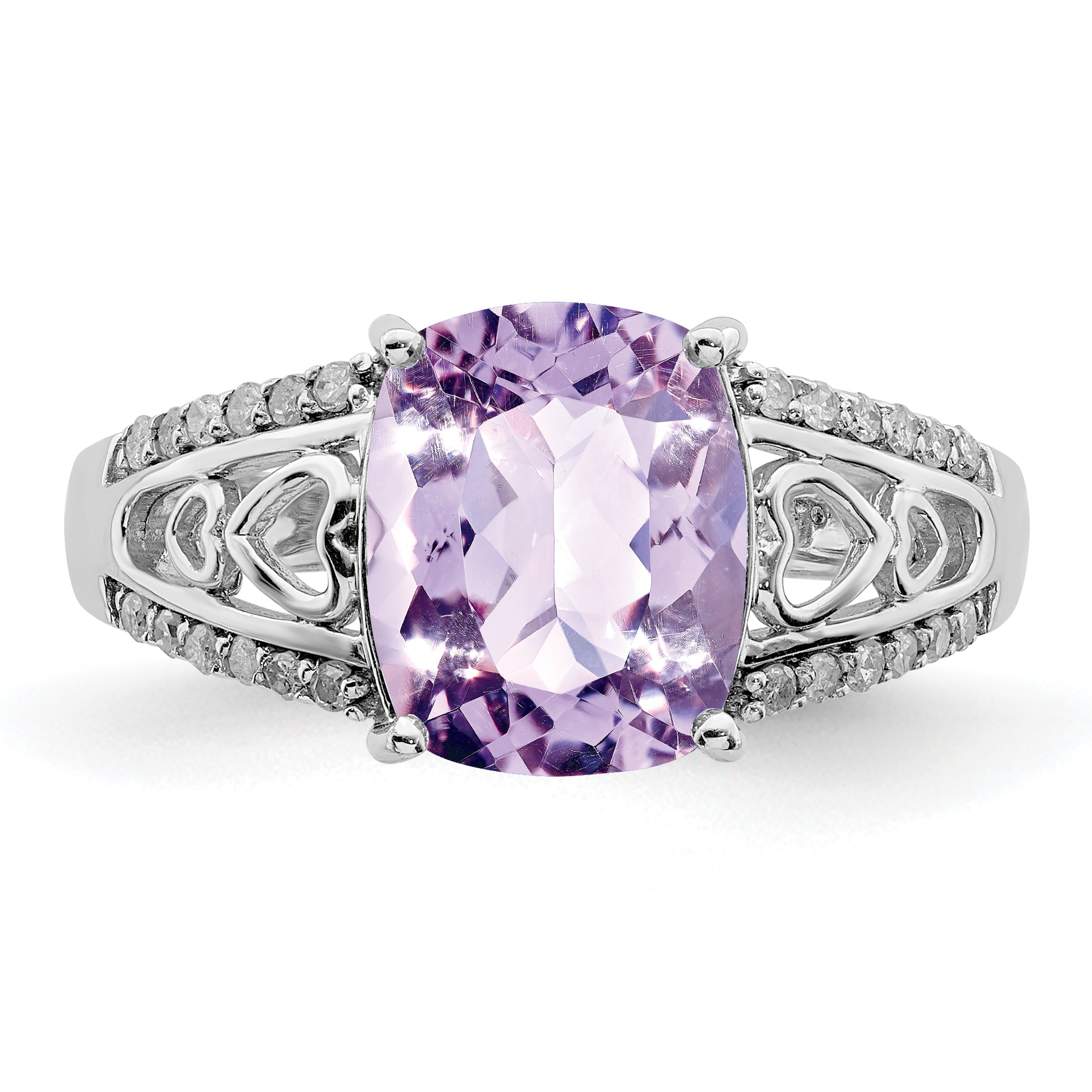 Sterling Silver Rhodium Diam. & Pink Quartz Ring