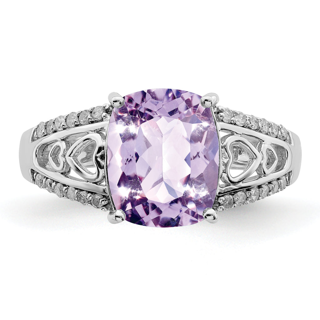 Sterling Silver Rhodium Diam. & Pink Quartz Ring