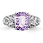 Sterling Silver Rhodium Diam. & Pink Quartz Ring