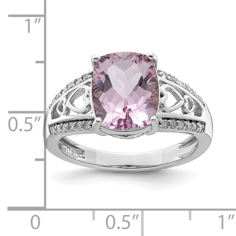 Sterling Silver Rhodium Diam. & Pink Quartz Ring