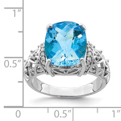 Sterling Silver Rhodium Checker-Cut Blue Topaz & Diam. Ring