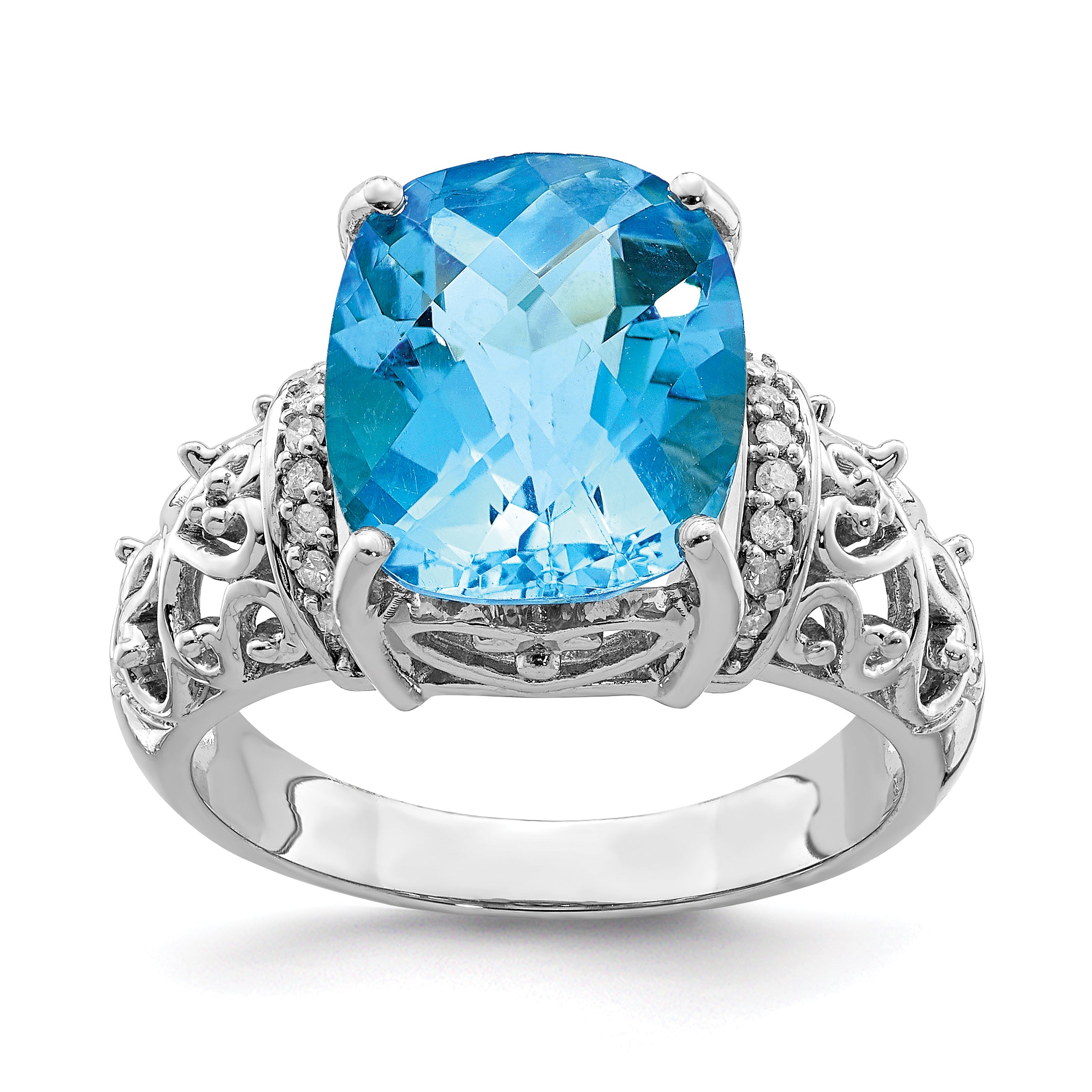 Sterling Silver Rhodium Checker-Cut Blue Topaz & Diam. Ring Main image