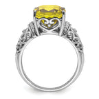 Sterling Silver Rhodium Diam. & Checker-Cut Lemon Quartz Ring
