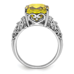 Sterling Silver Rhodium Diam. & Checker-Cut Lemon Quartz Ring