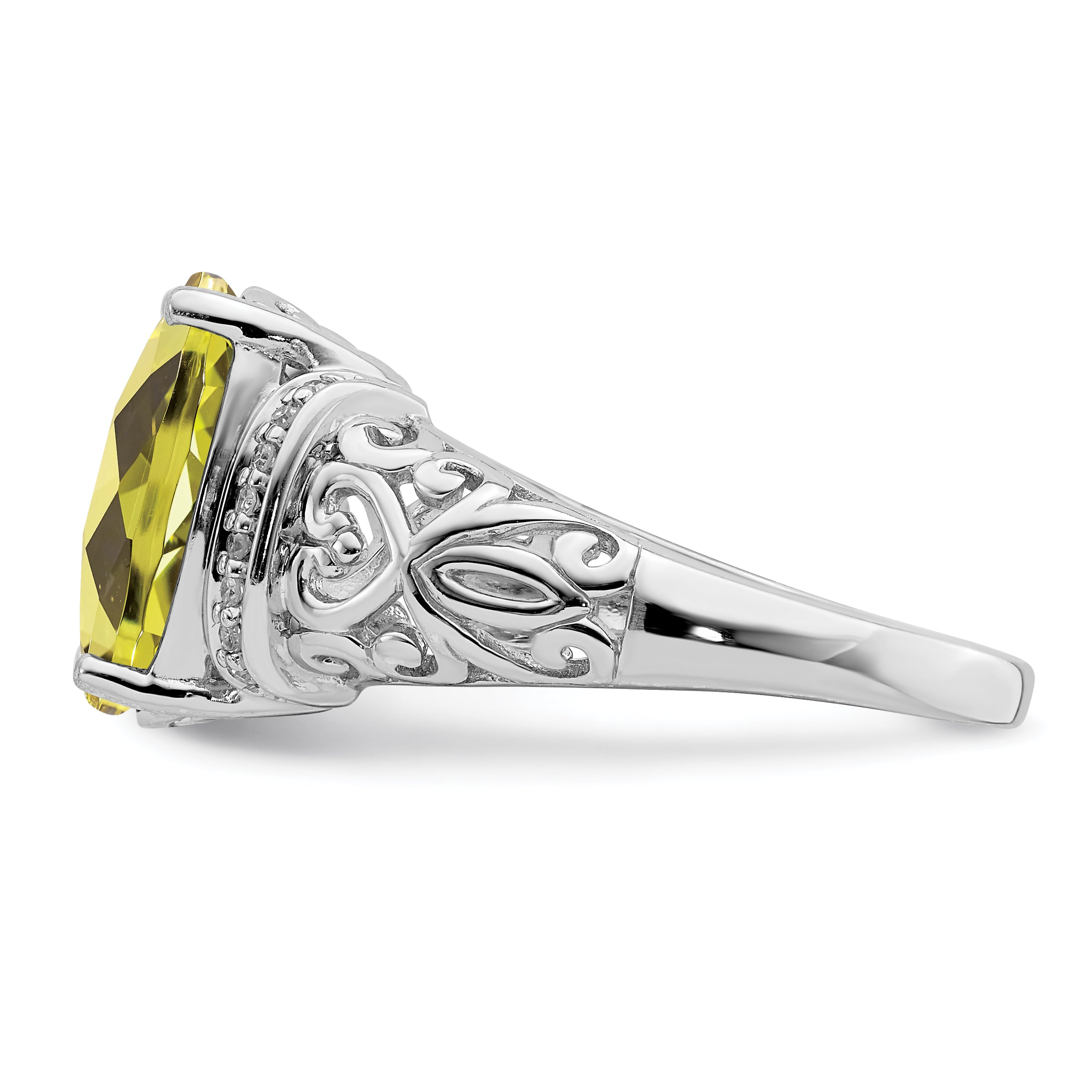 Sterling Silver Rhodium Diam. & Checker-Cut Lemon Quartz Ring