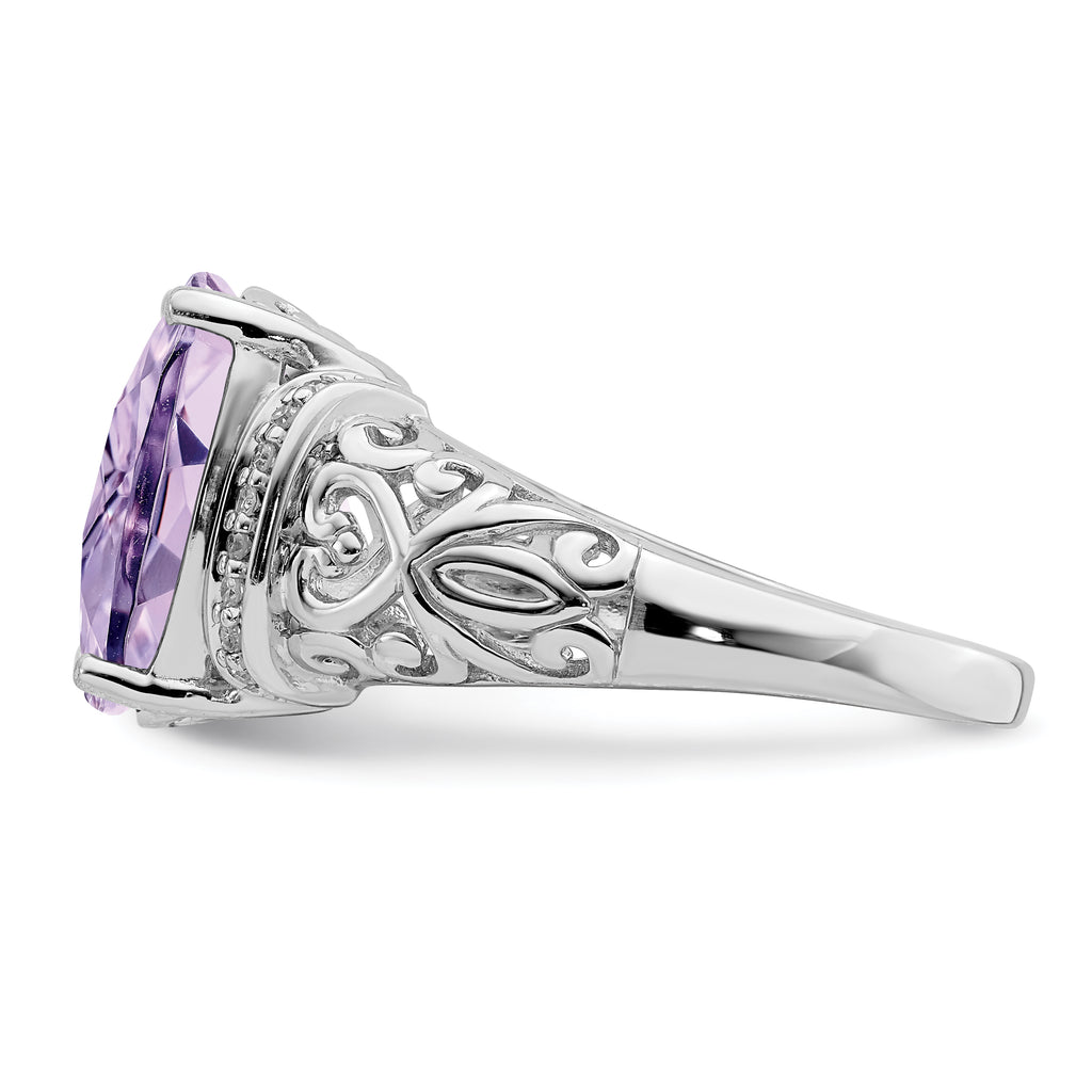 Sterling Silver Rhodium Diam. & Checker-Cut Pink Quartz Ring