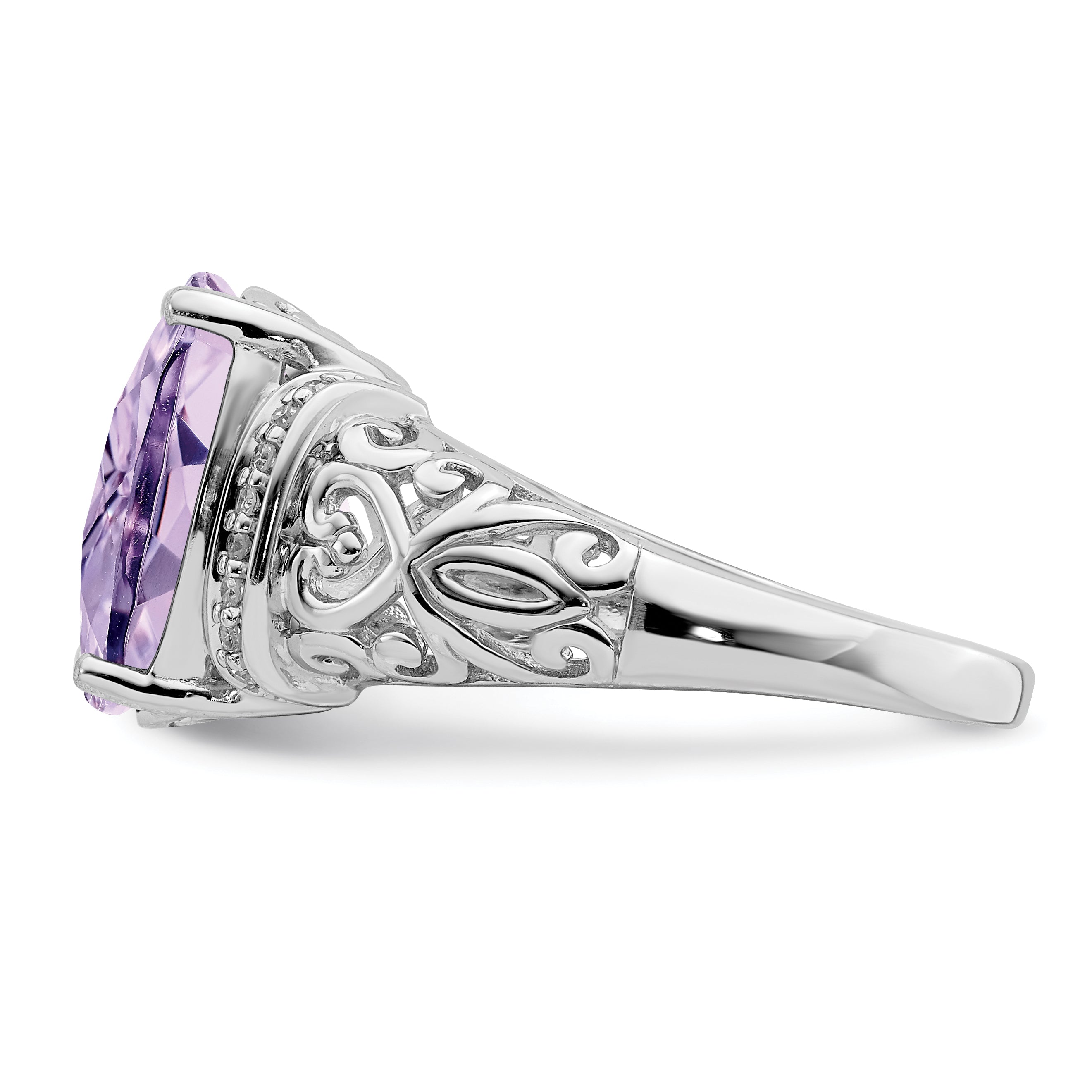 Sterling Silver Rhodium Diam. & Checker-Cut Pink Quartz Ring