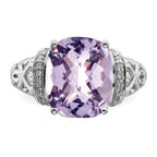 Sterling Silver Rhodium Diam. & Checker-Cut Pink Quartz Ring