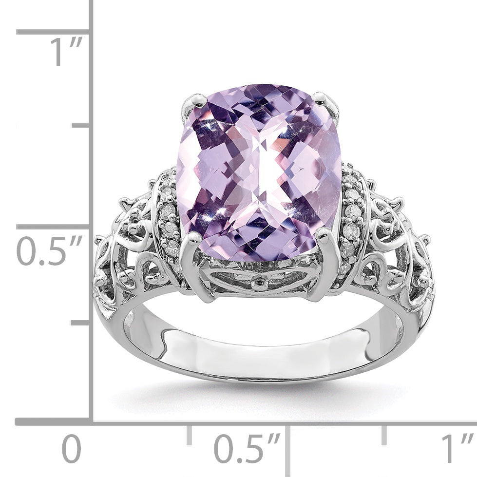 Sterling Silver Rhodium Diam. & Checker-Cut Pink Quartz Ring