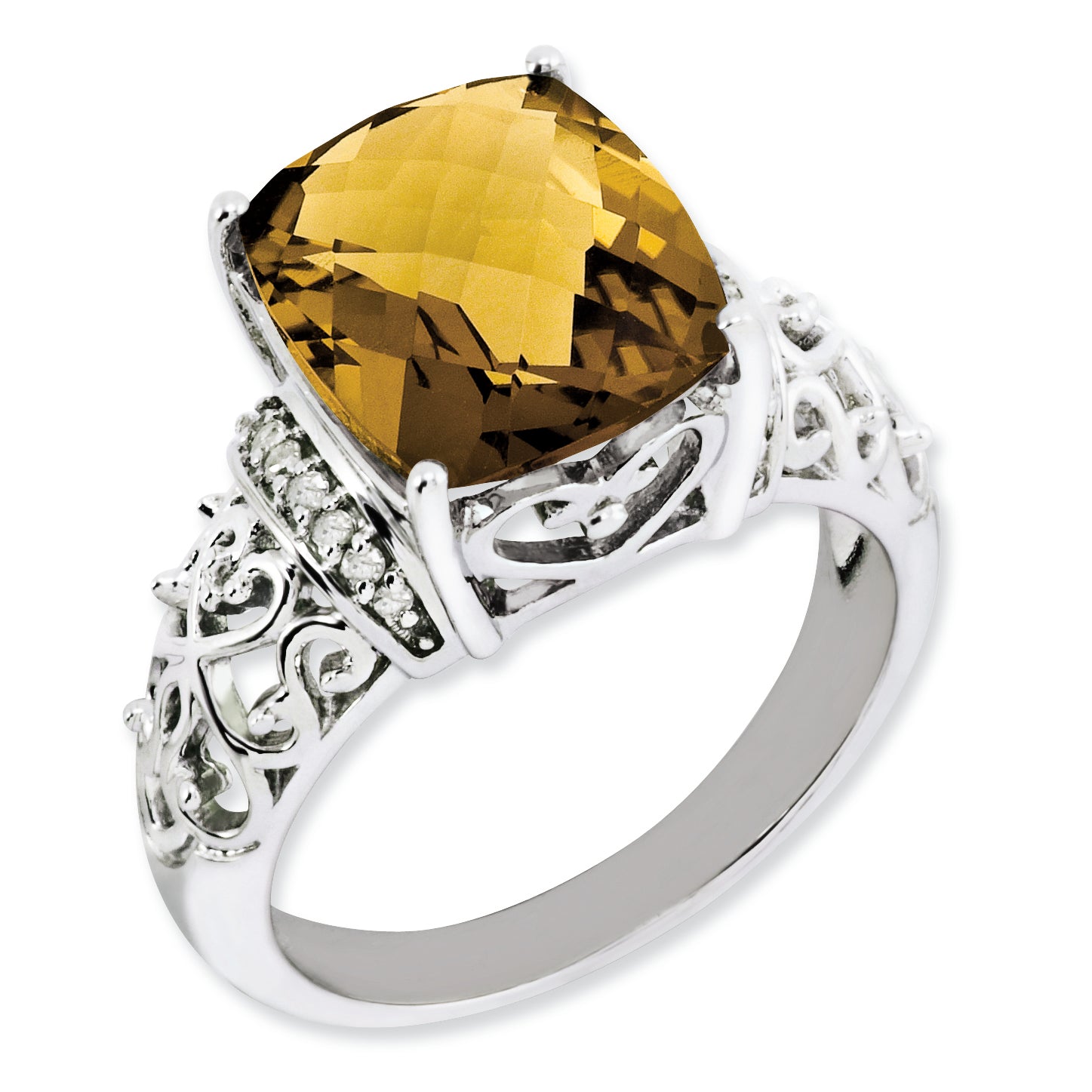 Sterling Silver RH-plated Diamond & Checker-Cut Whiskey Quartz Ring Main image