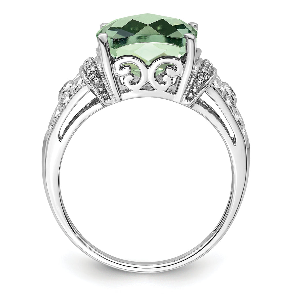 Sterling Silver Rhodium Diam. & Checker-Cut Green Quartz Ring