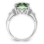 Sterling Silver Rhodium Diam. & Checker-Cut Green Quartz Ring