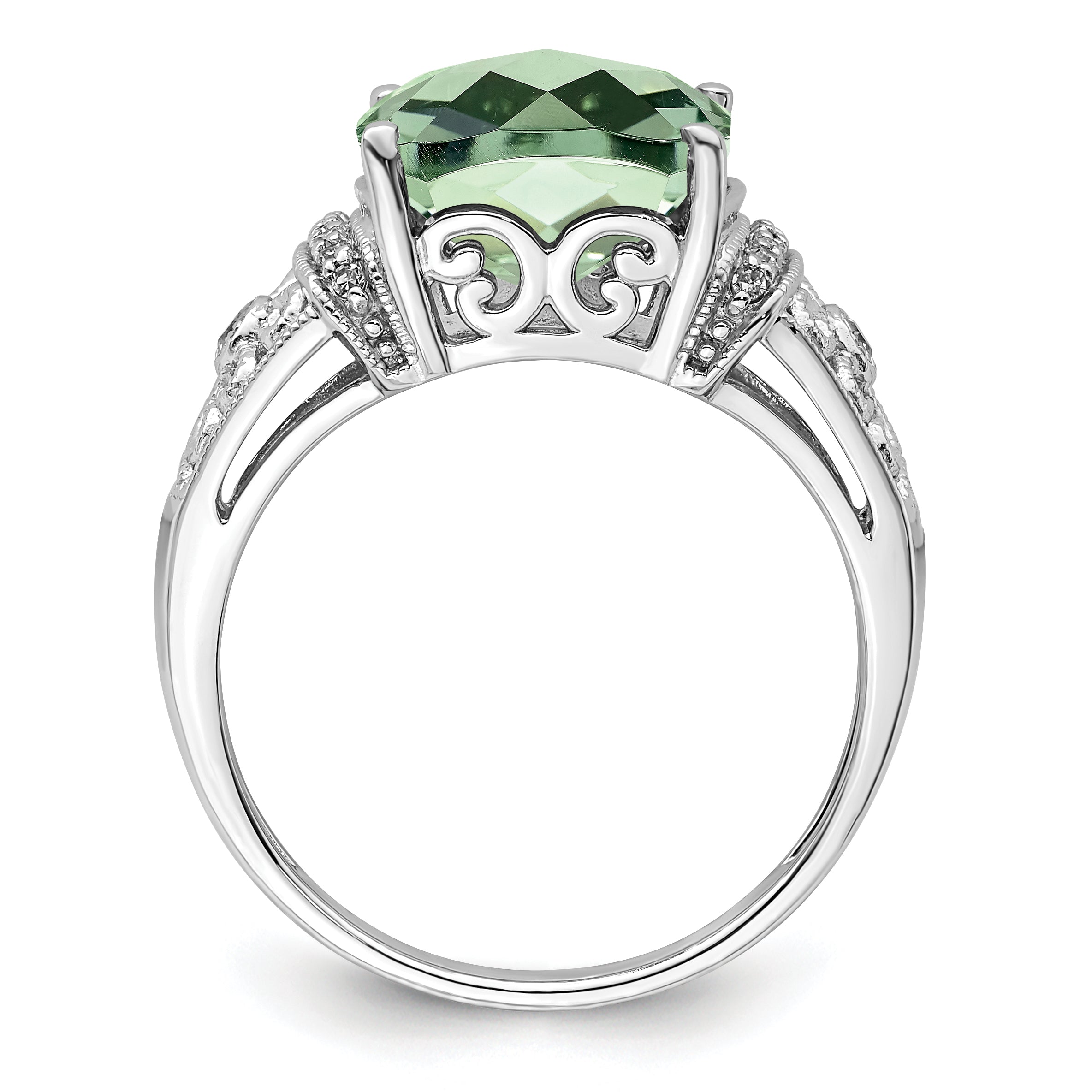 Sterling Silver Rhodium Diam. & Checker-Cut Green Quartz Ring