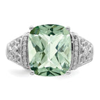 Sterling Silver Rhodium Diam. & Checker-Cut Green Quartz Ring