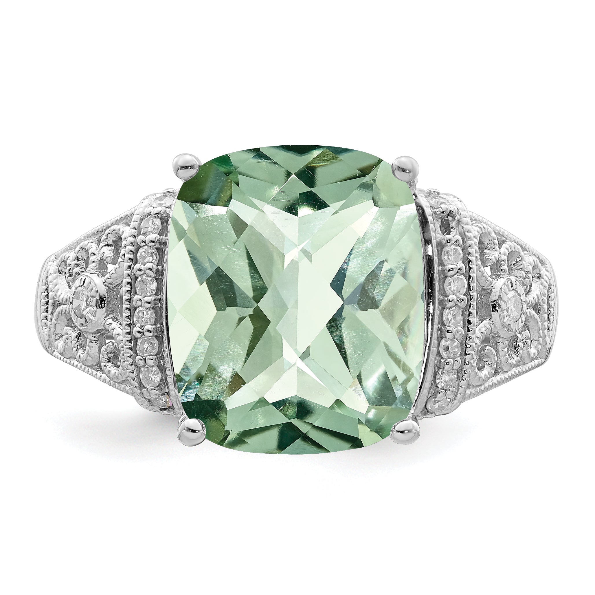 Sterling Silver Rhodium Diam. & Checker-Cut Green Quartz Ring