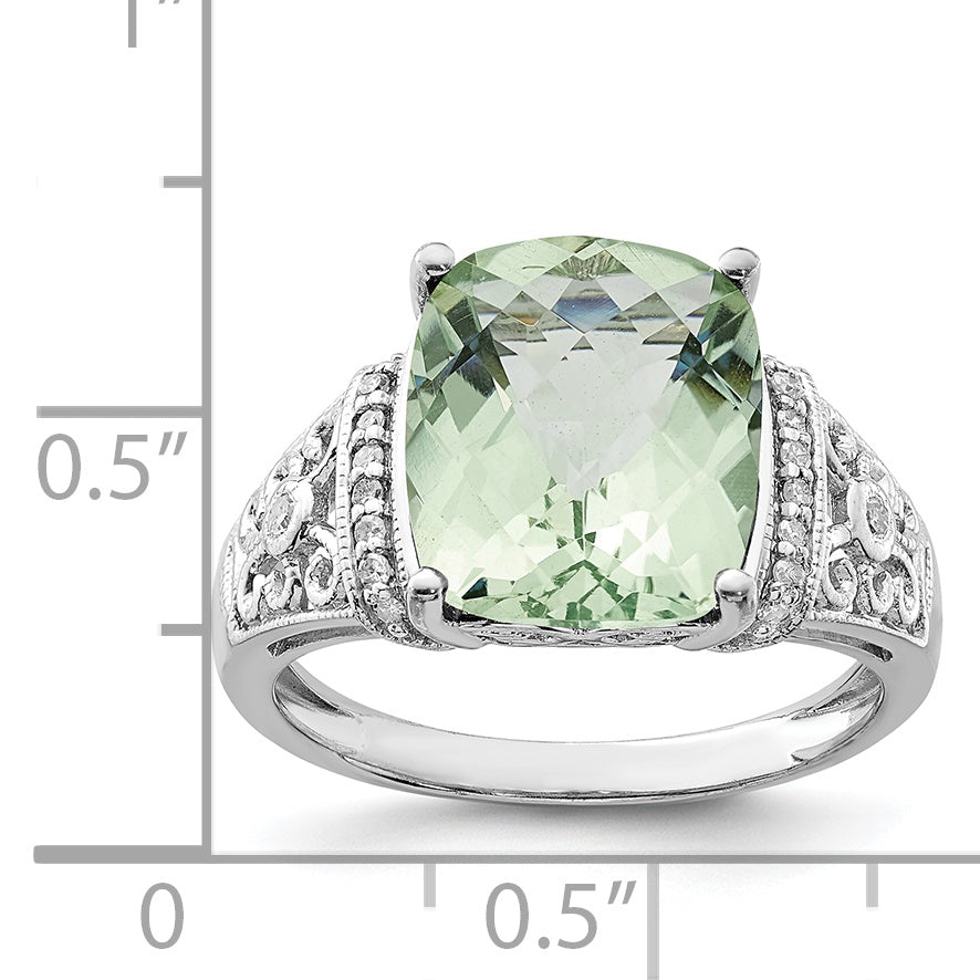 Sterling Silver Rhodium Diam. & Checker-Cut Green Quartz Ring