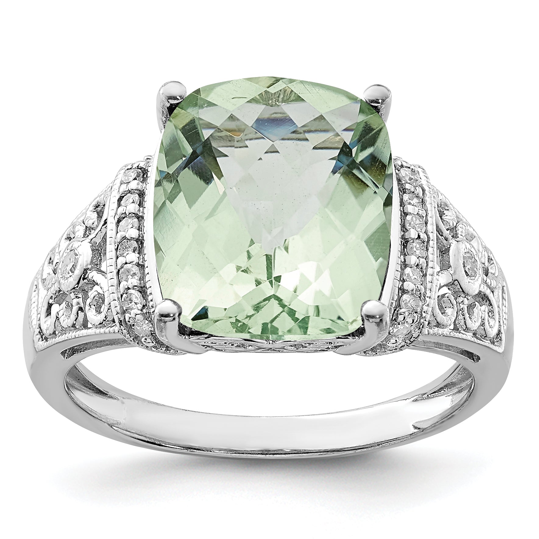 Sterling Silver Rhodium Diam. & Checker-Cut Green Quartz Ring
