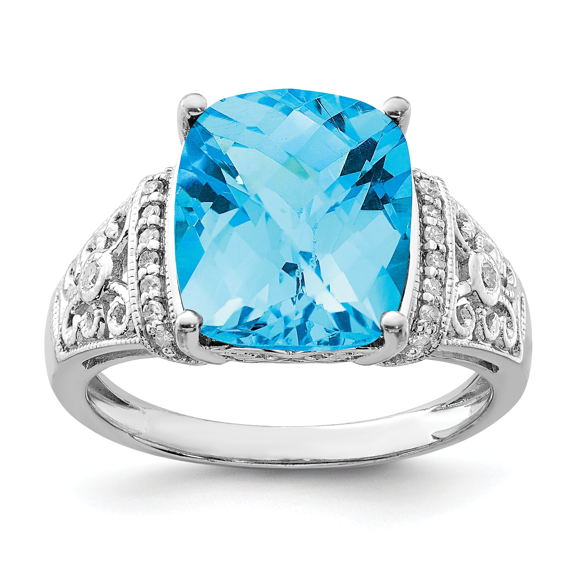 Sterling Silver Rhodium Checker-Cut Blue Topaz & Diam. Ring Main image