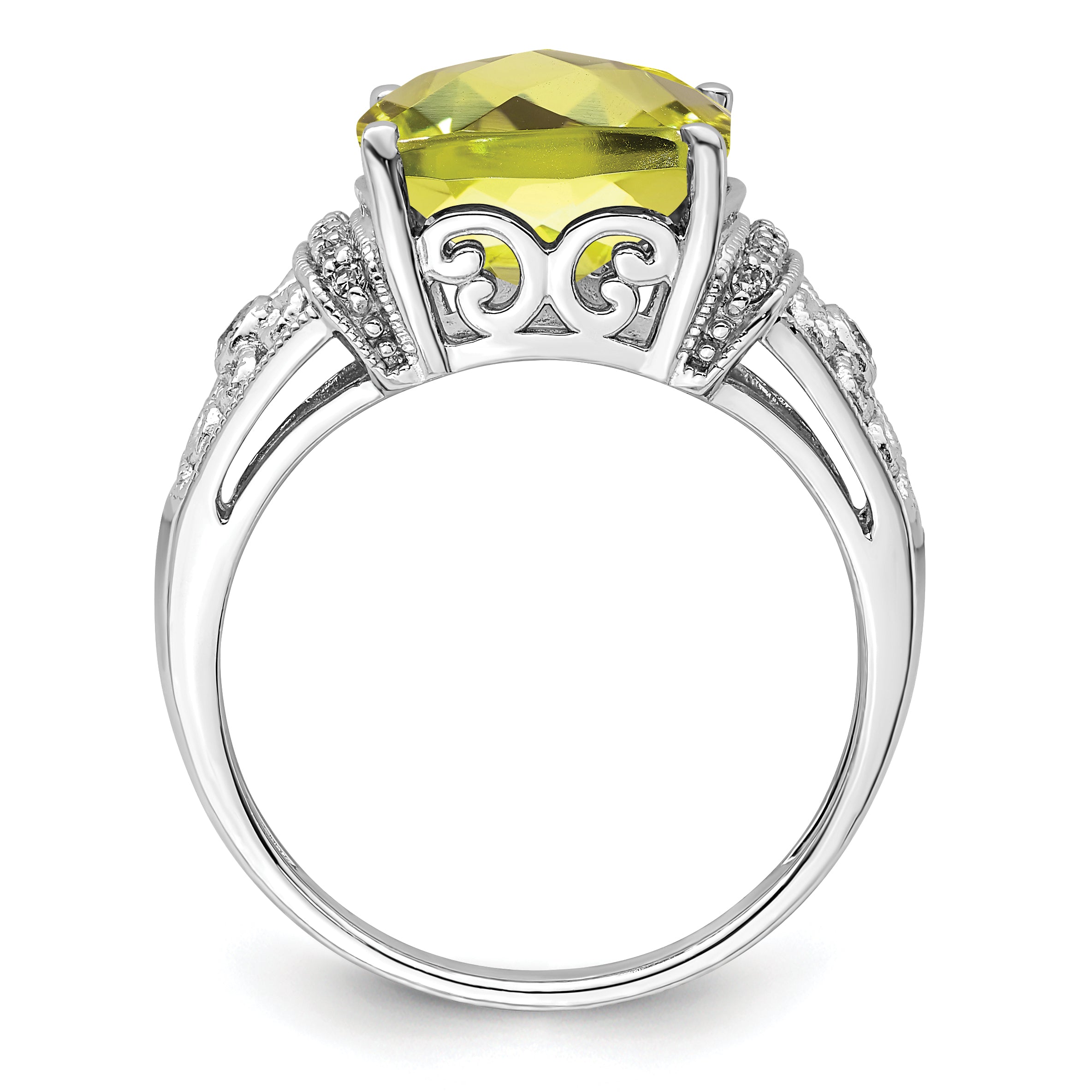 Sterling Silver Rhodium Diam. & Checker-Cut Lemon Quartz Ring Secondary image