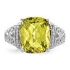 Sterling Silver Rhodium Diam. & Checker-Cut Lemon Quartz Ring