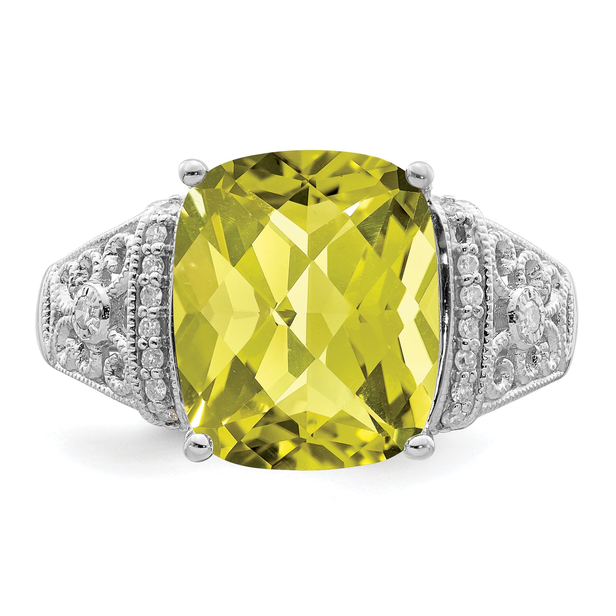 Sterling Silver Rhodium Diam. & Checker-Cut Lemon Quartz Ring