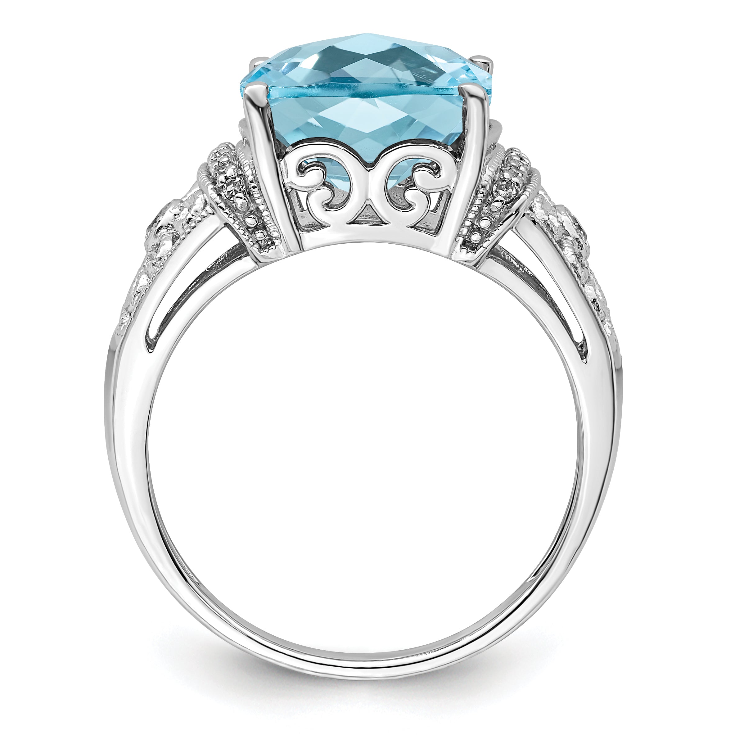 Sterling Silver Rhodium Diam. & Checker-Cut Sky Blue Topaz Ring