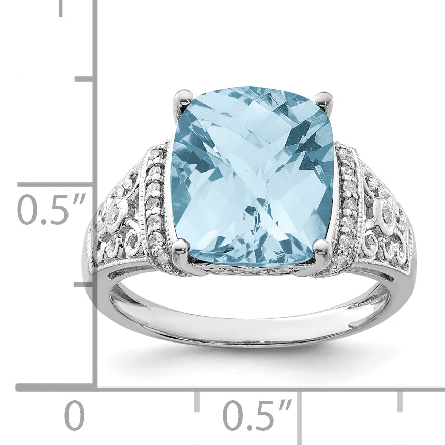 Sterling Silver Rhodium Diam. & Checker-Cut Sky Blue Topaz Ring