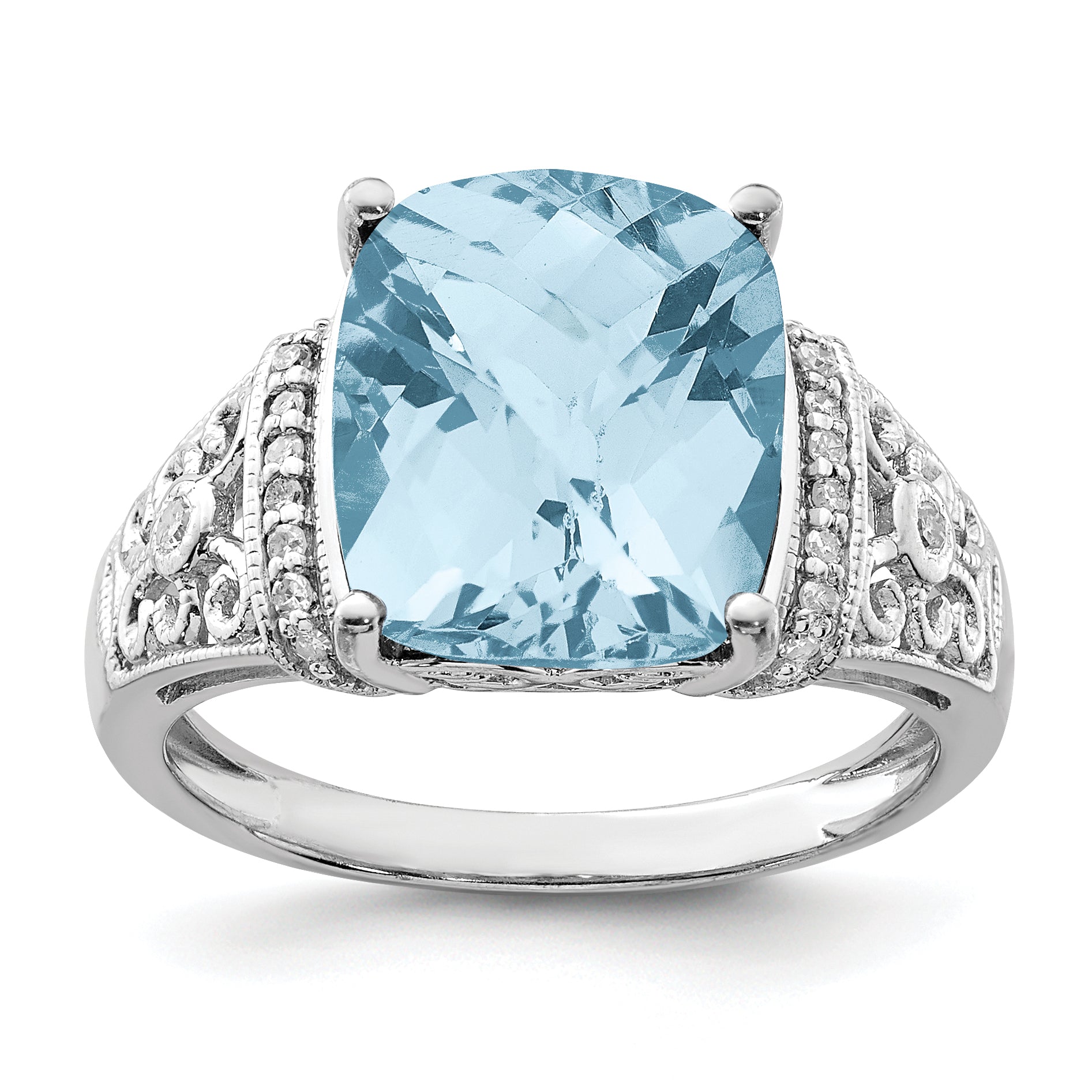 Sterling Silver Rhodium Diam. & Checker-Cut Sky Blue Topaz Ring Main image