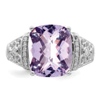 Sterling Silver Rhodium Diam. & Checker-Cut Pink Quartz Ring