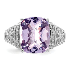 Sterling Silver Rhodium Diam. & Checker-Cut Pink Quartz Ring