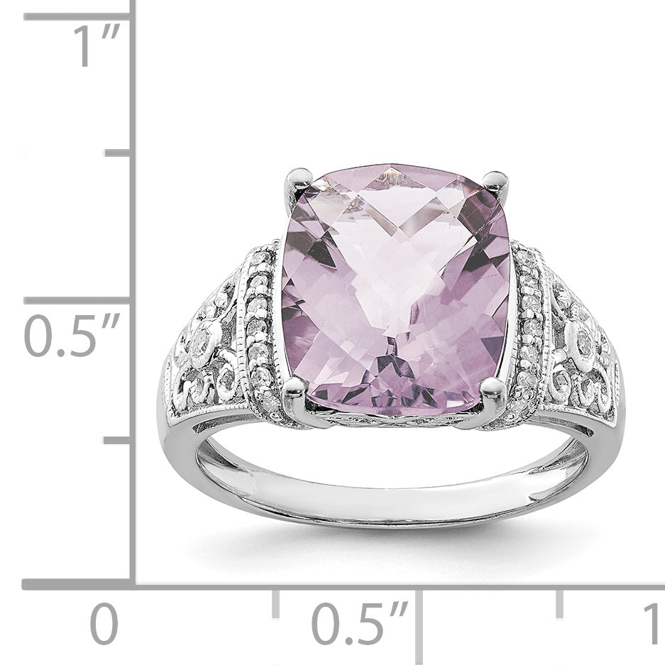 Sterling Silver Rhodium Diam. & Checker-Cut Pink Quartz Ring