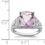 Sterling Silver Rhodium Diam. & Checker-Cut Pink Quartz Ring