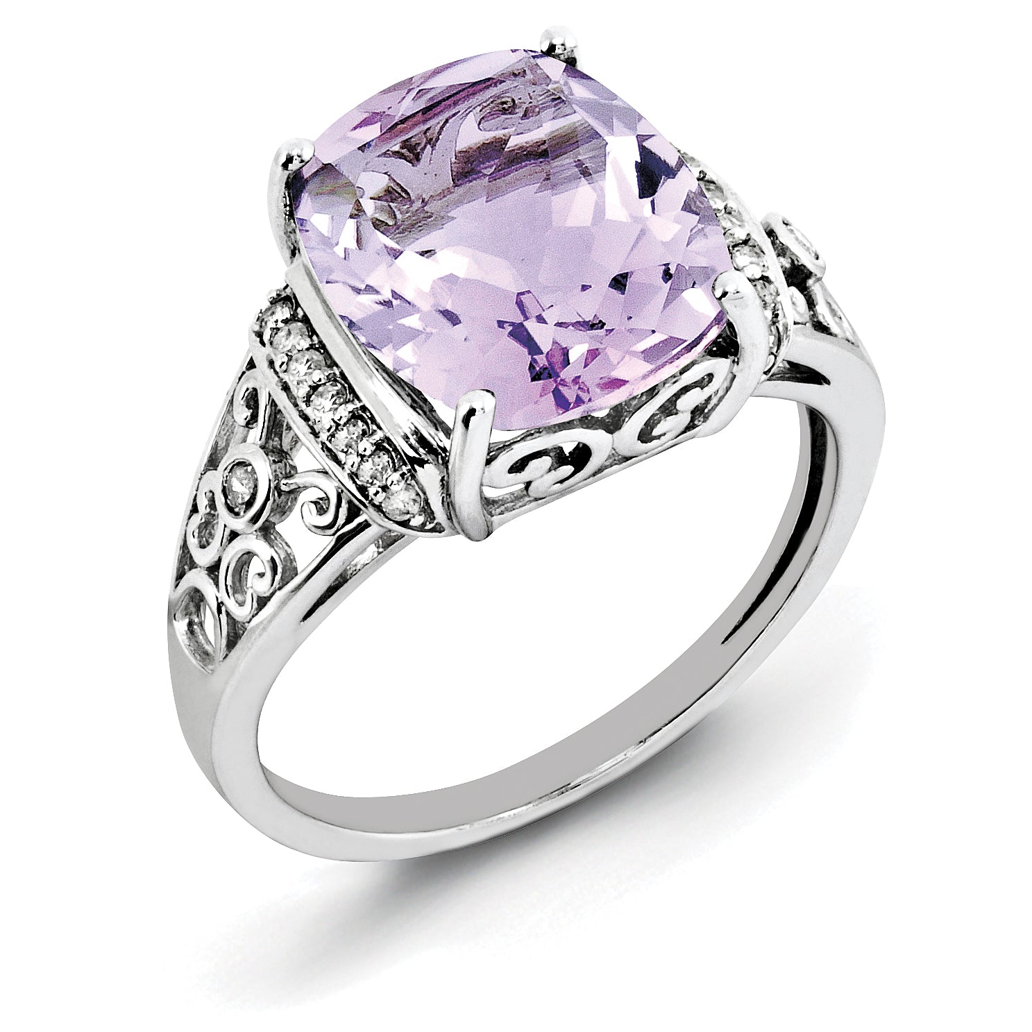 Sterling Silver Rhodium Diam. & Checker-Cut Pink Quartz Ring