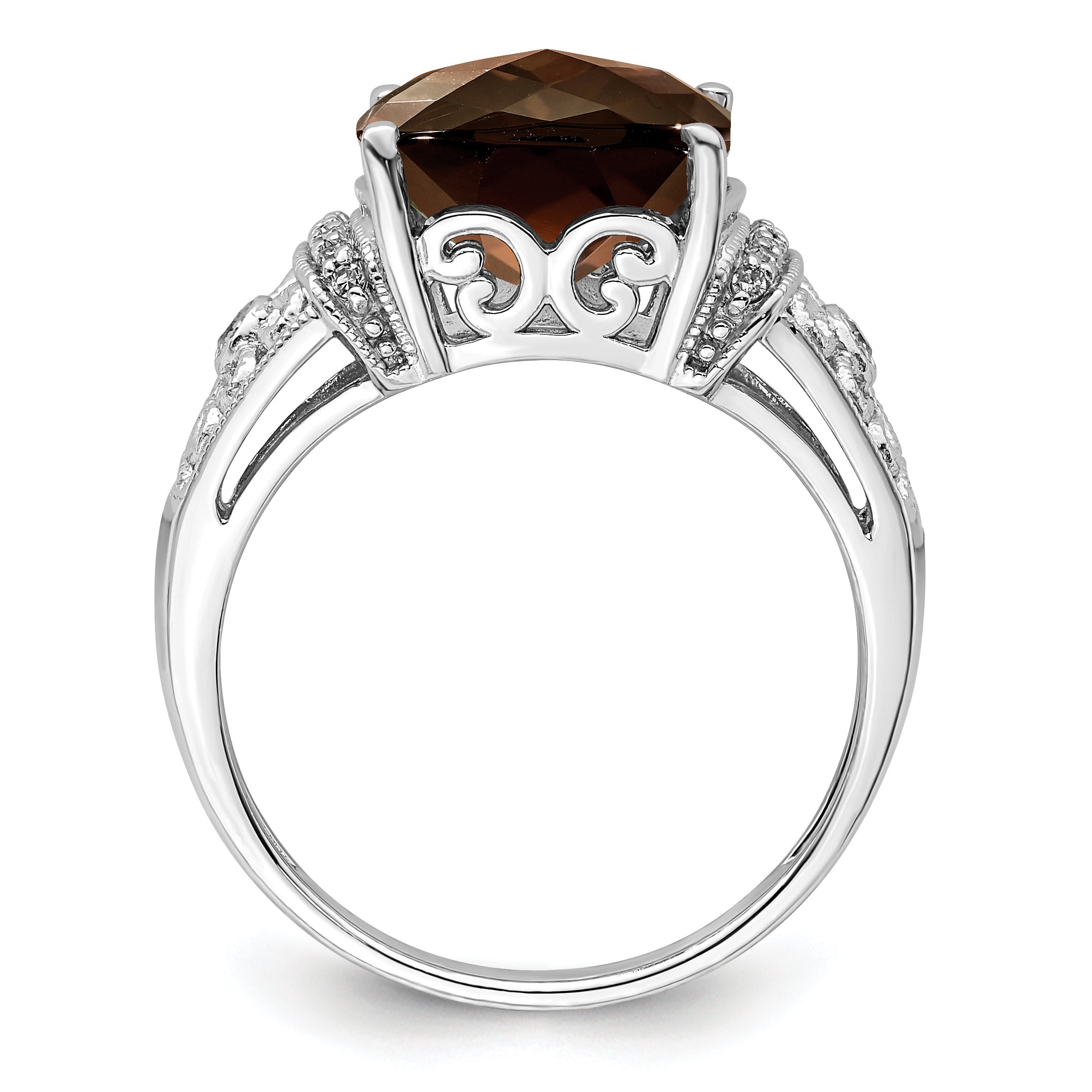 Sterling Silver Rhodium Diam. & Checker-Cut Smoky Quartz Ring