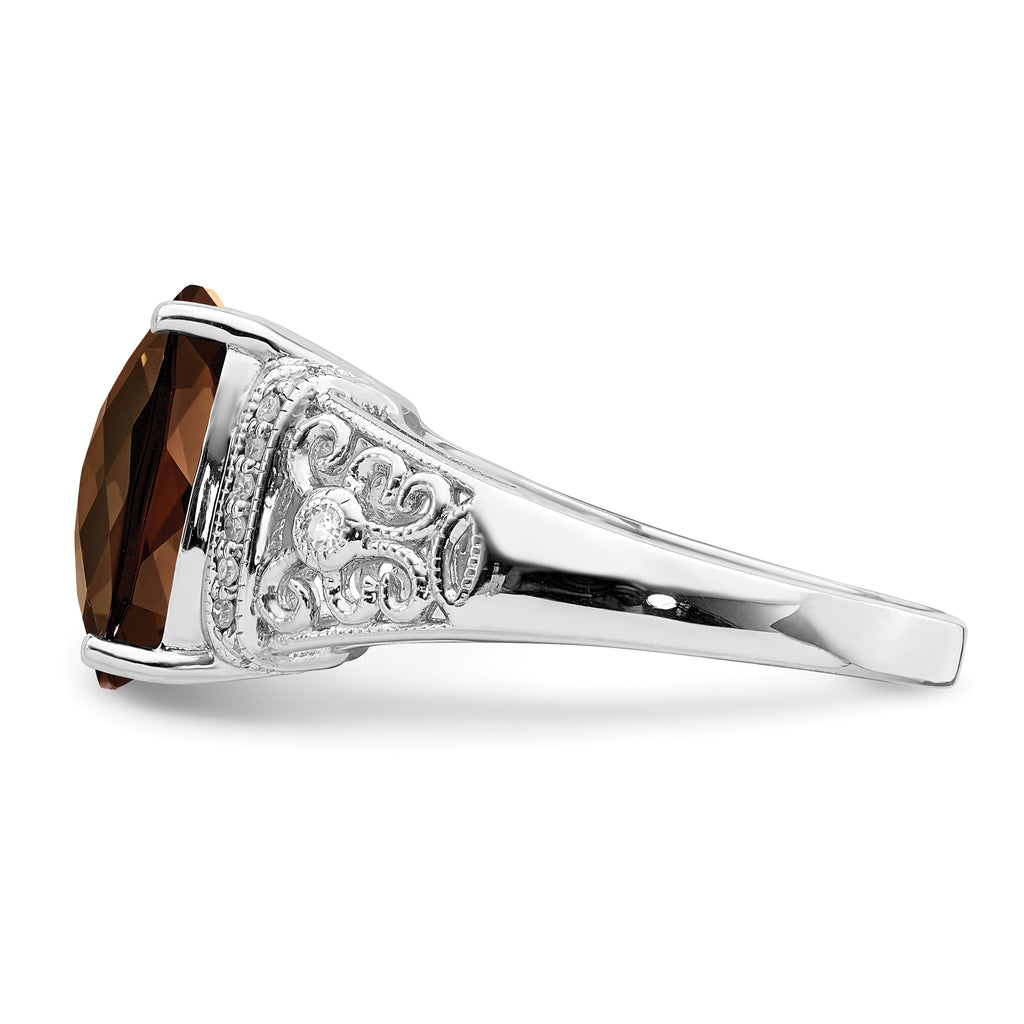 Sterling Silver Rhodium Diam. & Checker-Cut Smoky Quartz Ring