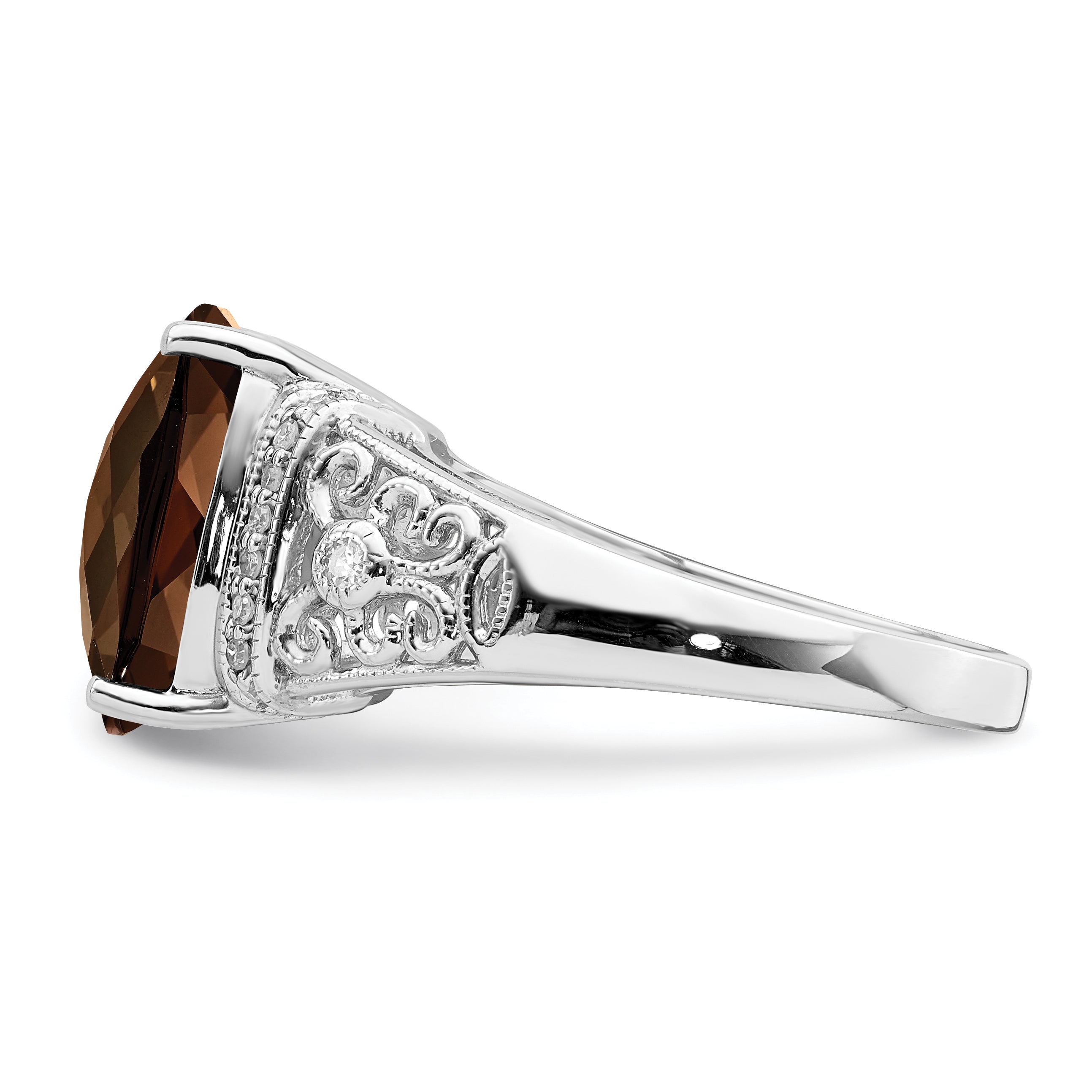Sterling Silver Rhodium Diam. & Checker-Cut Smoky Quartz Ring