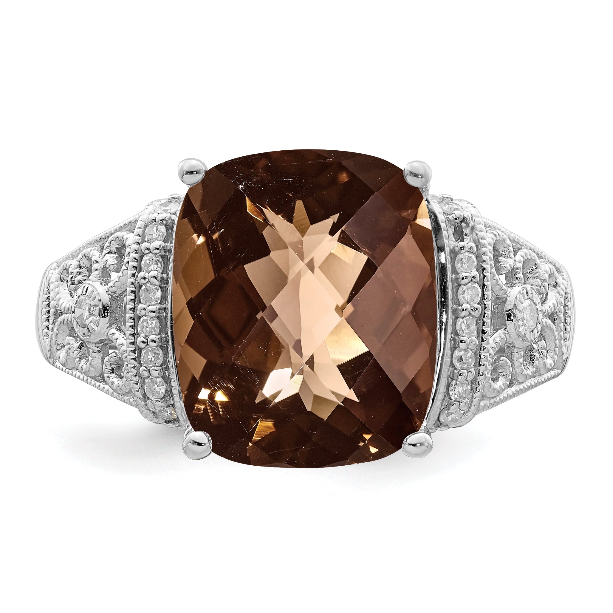 Sterling Silver Rhodium Diam. & Checker-Cut Smoky Quartz Ring