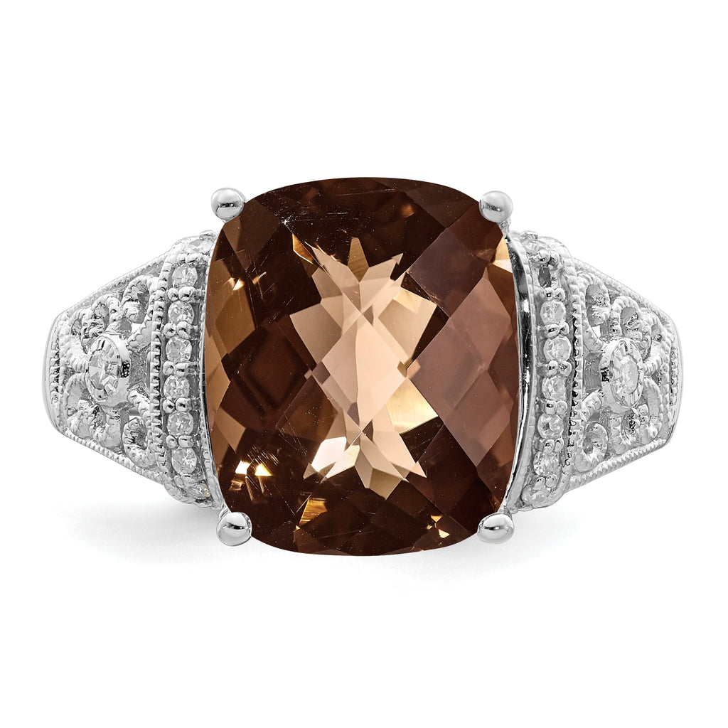 Sterling Silver Rhodium Diam. & Checker-Cut Smoky Quartz Ring