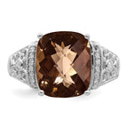 Sterling Silver Rhodium Diam. & Checker-Cut Smoky Quartz Ring