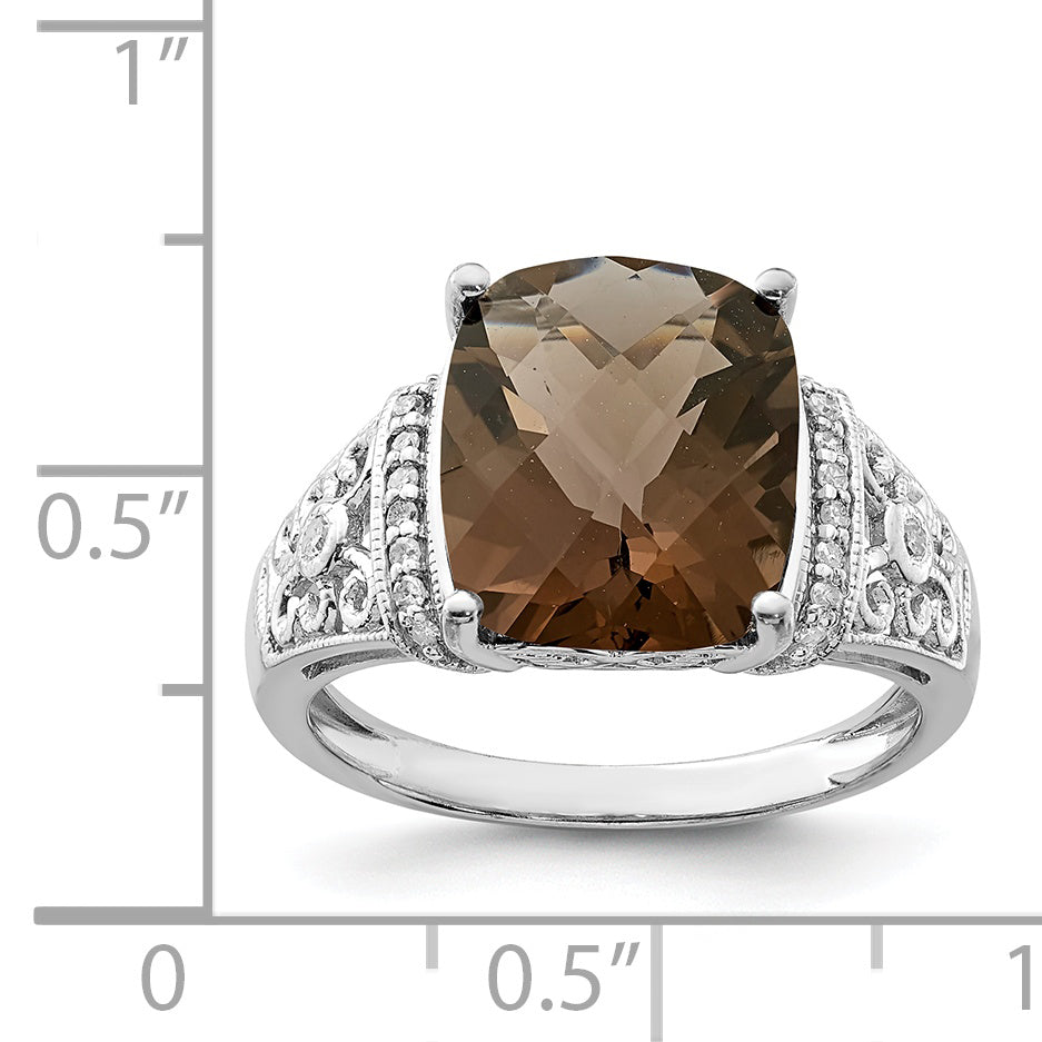 Sterling Silver Rhodium Diam. & Checker-Cut Smoky Quartz Ring
