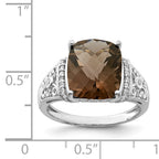 Sterling Silver Rhodium Diam. & Checker-Cut Smoky Quartz Ring