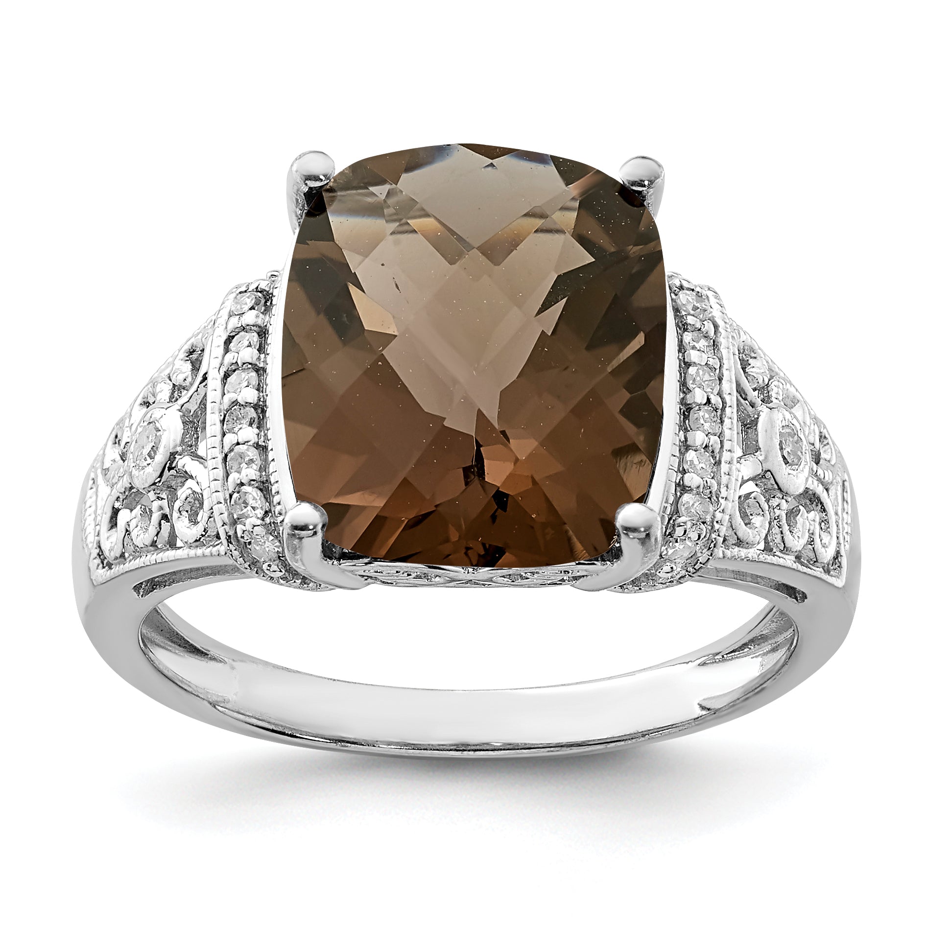 Sterling Silver Rhodium Diam. & Checker-Cut Smoky Quartz Ring Main image