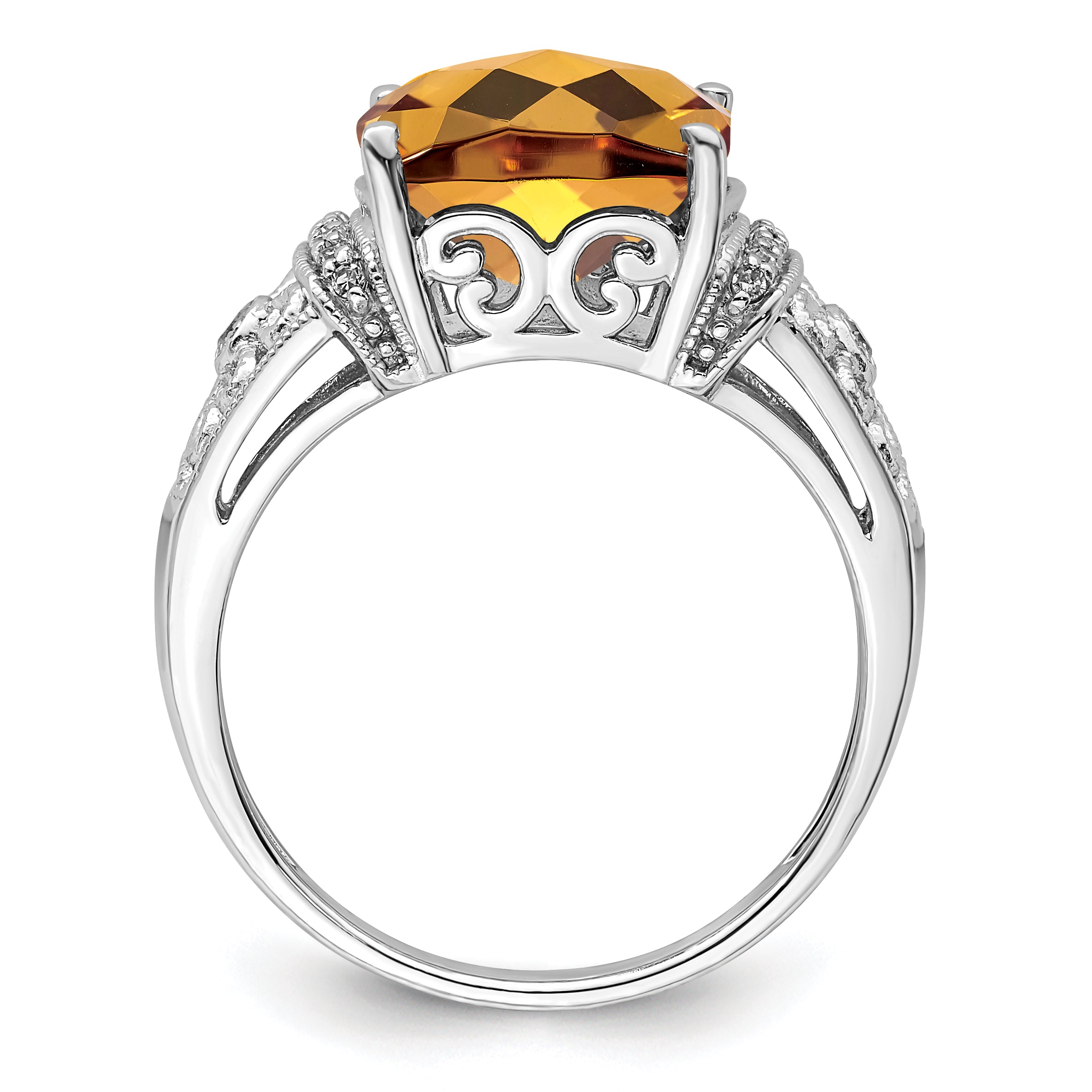 Sterling Silver Rhodium Diam. & Checker-Cut Whiskey Quartz Ring Secondary image