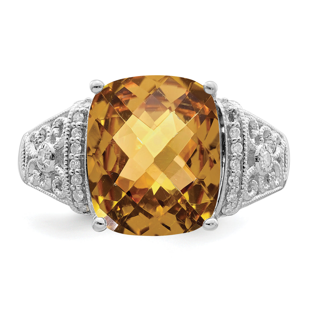Sterling Silver Rhodium Diam. & Checker-Cut Whiskey Quartz Ring