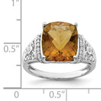 Sterling Silver Rhodium Diam. & Checker-Cut Whiskey Quartz Ring